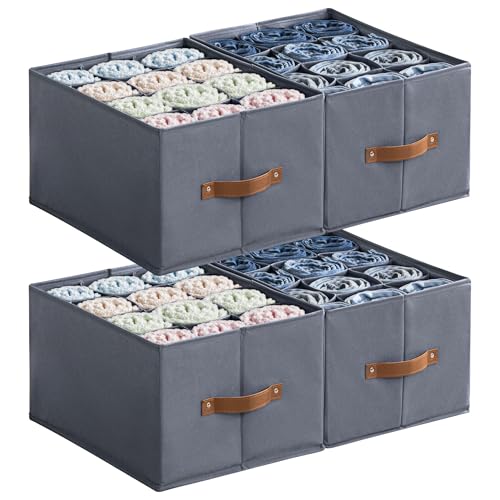 AINIYNM 4 Stück Schrank Organizer Ordnungssystem Kleiderschrank, Schublade Kleider Aufbewahrungsbox, Organizer Kleidung Stapelbar, Hosen Organizer für Kleiderschrank mit Griff, 12 Fächern