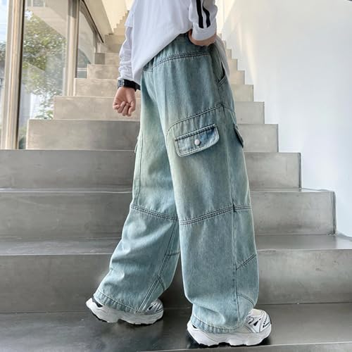 Boy's Hole Straight Leg Jeans, Vintage Wide Leg Loose Jeans, Loose Denim Pants with Pockets, Elastic Waist Casual Pants4