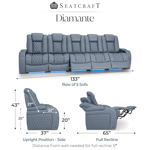 Image of Seatcraft Diamante Smokey Blue Italian Leather Home Theater Seating, Zero Gravity Power Recliner, Gaming and Home Office Chair, Powered Headrest Furniture for Family Cinema Room, Row of 5 Sofa