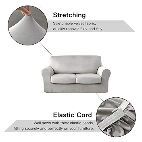 Maxmill MM-VS-LIGHT GREY-MEDIUM Velvet Stretch Loveseat Sofa Slipcovers 3 Piece Plush Couch Sofa Covers thumb #3