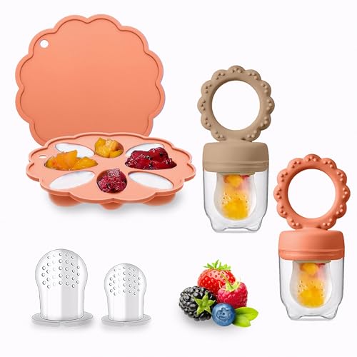 Comedero de frutas para bebés (4 meses en adelante), incluye chupete de dentición y molde para congelar leche materna, chupete de frutas sin BPA para el destete del bebé, calmante y autoalimentación
