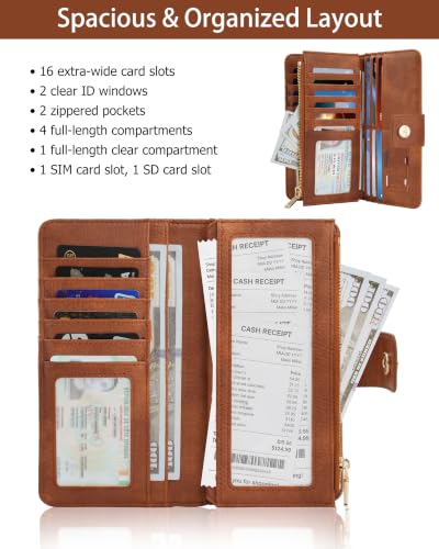 Image of Brown Women's Trifold Wallet,Large Capacity RFID Long Wallet | 16 Card Slots,2 ID Windows,4 Bill Compartments,Vegan Leather,Double Zipper Pockets,Large Capacity Organizer