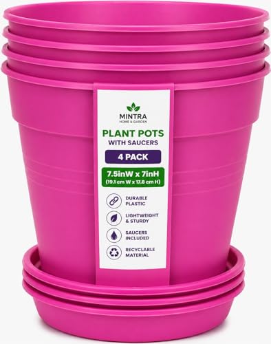 Mintra Garden Pots 4 Pack Bulk Plastic Plant Pots with Drainage Tray Round Indoor & Outdoor Decorative Planters with Drain Holes for Flowers Herbs & Plants 19cm Diameter Fuchsia 7.5in Wide