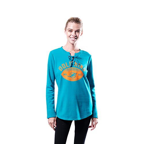 Ultra Game NFL Miami Dolphins Womenss Fleece Long Sleeve Lace -Up Sweatshirt, Team Color, Small