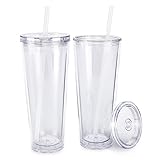 Maars Classic Acrylic Tumbler with Lid and Straw | 24oz Premium Insulated Iced Coffee Cups, Double Wall Reusable Plastic Cups - Clear, 2 Pack