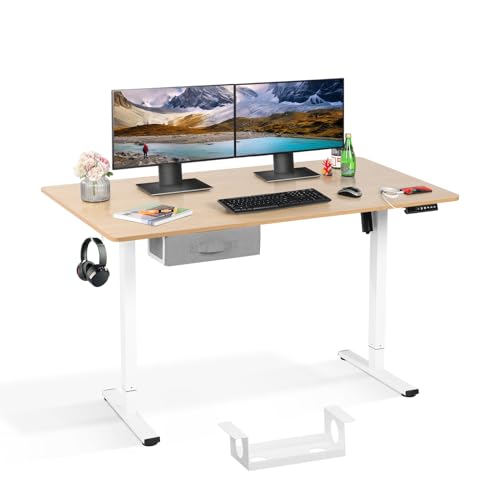 BELIWIN Height Adjustable Standing Desk with Drawer Storage, Electric Sit Stand Desk with USB Charging 140x70 cm Computer Desk for Home Gaming Desk Office Stand up Desk,Home/Office Furniture (Beige)