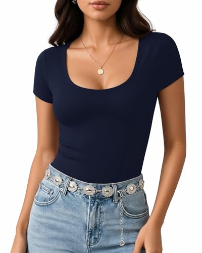 Image of MANGOPOP Women's Round Neck Short Sleeve T Shirts Basic Bodysuits