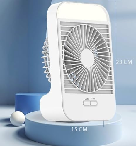 Image of American D-Home Rechargeable mini Portable Desk Fan with LED Light, 3 Speed Settings, USB Rechargeable, 1800mAh Battery, White colour
