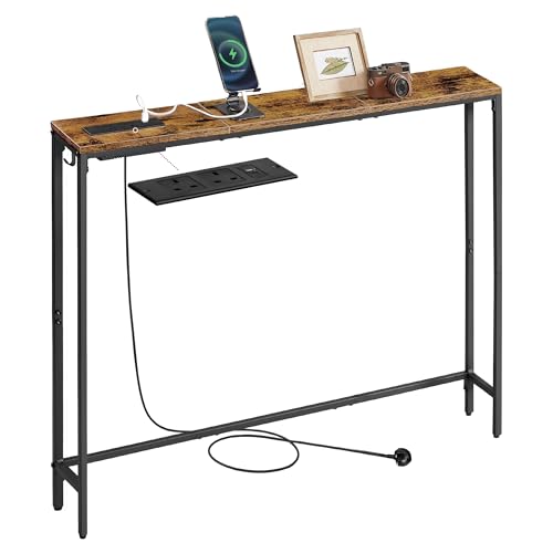 VASAGLE Console Table with Charging Station Slim Behind Sofa Table 15 x 100 x 80 cm 1 Hook Easy Assembly for Hallway Living Room Rustic Brown and Ink Black LNT079K03