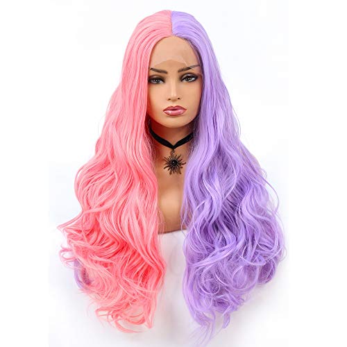 DDHAIR Long Pink with Purple Wig Lcae Front Cosplay Wigs For Women Rainbow Wig Colorful Straight Heat Resistant Synthetic Wig