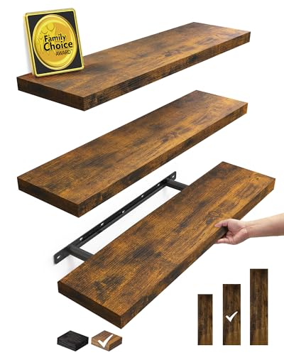 BAYKA Floating Shelves for Wall, 22.5 inches Wall Mounted Rustic Wood Shelves for Bathroom, Bedroom, Living Room, Floating Shelves for Books/Storage/Decor(Rustic Brown,Set of 3)