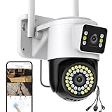Kinnkall Dual Lens WiFi Outdoor Security Camera, 4MP Pan/Tilt Surveillance, Human Tracking & Detection, Color Night Vision, 355°View, SD/Cloud, 24/7 Record, 2.4G Wi-Fi, Works with Mobile Apps & PCs