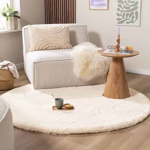 FRAAI | Home & Living Tapis de Salon Rond à Poils Longs - Comfy Supreme Crème - Pile Haute - Rond - Ø 120 cm