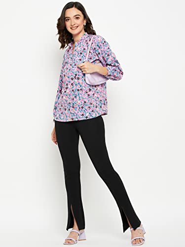 Image of Fashfun Women's Shirt (Floral Pink Crepe Top with Mandarin Collar & Full Sleeve)