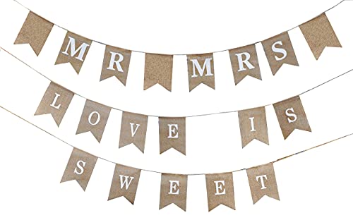 Love is Sweet Sign Banner â€“ Mr and Mrs Burlap Banner Sign Rustic Decoration for Wedding Party Table Photobooth Props Home Wall by Mandala Crafts