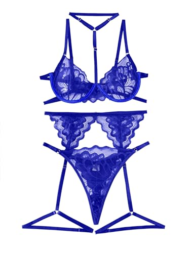 Image of Lilosy Sexy Choker Floral Lace Scallop Sheer Underwire Push Up Garter Belt Lingerie Set 3 Piece