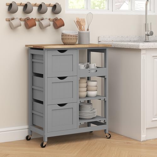 HOMCOM Carro de Cocina, Carrito Auxiliar con Ruedas, Tablero de Madera, 3 Cajones, 2 Estantes Abiertos y Bandeja Extraíble, para Comedor Salón, 67x37x85,5 cm, Gris - imagen 8