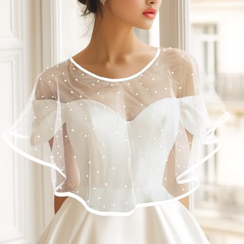 Campsis Wedding Shawls White Bride Dress Cover Up Pearl Bridal Lace Cape for Women3