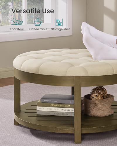 SONGMICS Storage Ottoman with Solid Wood Frame, Round Upholstered Ottoman Coffee Table, Footrest, Tufted Cushion, for Living Room, Easy Assembly, 31.5 x 31.5 x 17.7 Inches, Summer Sand ULSF053LF01