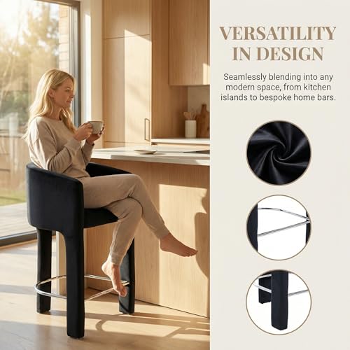 Image of HNY Modern Barrel Bar Stools Set of 2, 26 Inch Upholstered Velvet Counter Height Barstools with Back and Armrests, for Kitchen Island, Home Bar, Dining Room, No Assembly, Black
