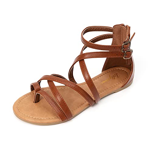 Luffymomo Women's Gladiator Strap Sandals Flat Fisherman Thong Cross Strappy Sandals（8 M US Dk Brown）