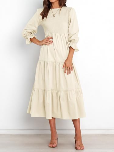 Image of BTFBM Women Casual Long Sleeve Crew Neck Fall Dress Bohemian Relaxed Fit Floral Flowy Maxi Dresses Tiered Cocktail Dress