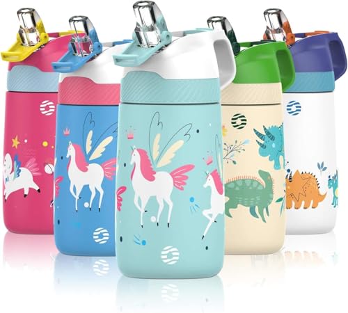 FEIJIAN Botella Agua Acero Inoxidable Niños Sin BPA/Sin Fugas, 350ML Botella Termica con Pajita Doble Pared, Botellas de Frío/Caliente Reutilizable para Colegio