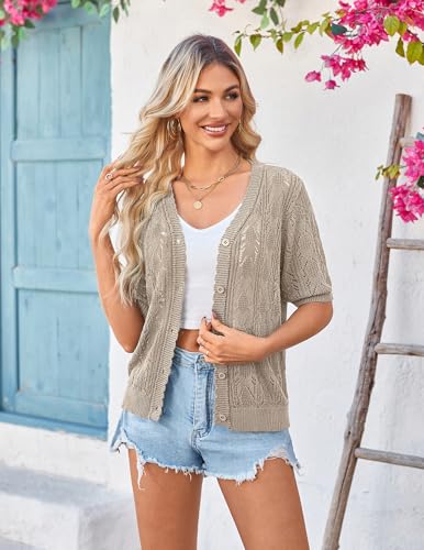 Image of Yekaty Womens 2026 Short Sleeve Crochet Summer Cardigan Cropped Button Sweater Lightweight Shrug for Dress