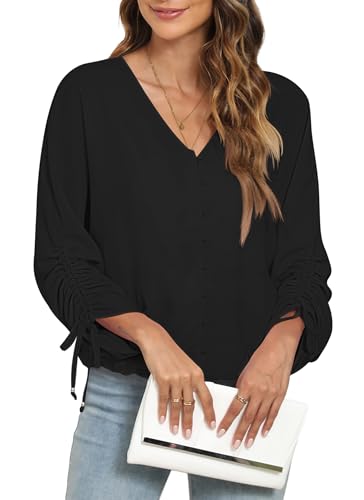 Image of 2025 Womens Chiffon Blouses V Neck 3 /4 Sleeve Tops Oversized Button Down Flowy Shirts Business Casual Outfits