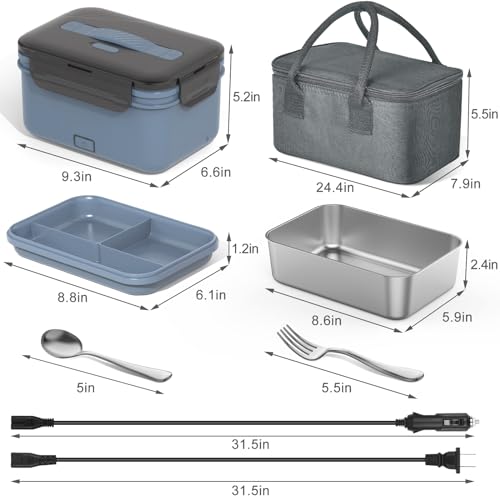 Image of Herrfilk Electric Lunch Box Food Heater 100W, 4 in 1 Ultra Quick Heated Lunch Boxes for Adults 12V /24V /110V /220V Portable Food Warmer for Car /Truck /Office With Fork Spoon and Insulated Carry Bag