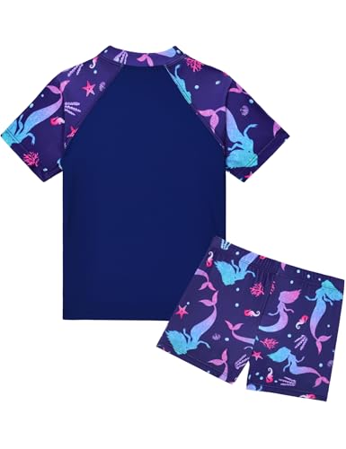 Image of Girls Swimsuit Colorful Short Sleeve Bathing Suits UPF 50+ Rash Guard Set Two Piece Summer Swimwear