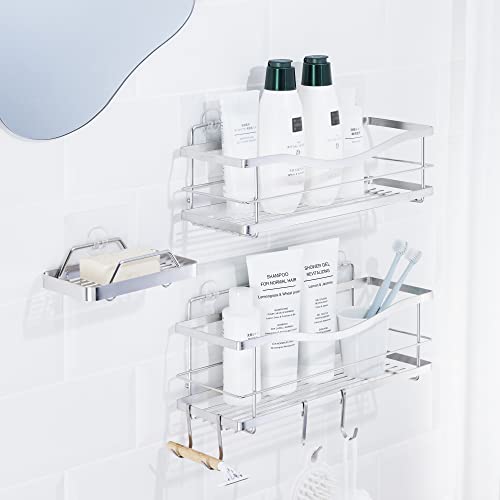Kincmax Shower Caddy And Soap Holder, Rustproof Sus304 Stainless Steel, Adhesive Wall Mount Double Baskets 3-Pack With Hooks (Polished Silver) #TOP15