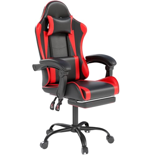 OS MOTOR Gaming Chair with Headrest and Lumbar Support, Ergonomic High Back Office Chair, Racing Style Executive Computer Desk Chair, Leather Adjustable Swivel Task Chair for Home Office (Red Black)
