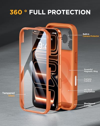 Image of Miracase for iPhone 17 Pro Max Case with 360 Magnetic Ring Stand [Compatible with Magsafe] Full-Body Drop Proof Bumper Phone Case with Built-in 10H Tempered Glass Screen Protector,Orange
