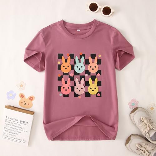 Image of CM C&M WODRO Kid Girl Easter T-Shirt Cute Bunny Flower Checkered Print Tees Summer Short Sleeve Shirt Tops 7-12 Years