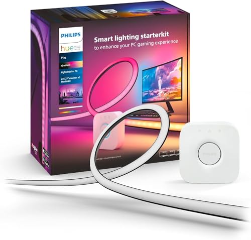 Philips Hue White & Color Ambiance Play Gradient, PC Lightstrip für 3 x 24-27 Zoll, dimmbar, 16 Mio. Farben, Starter Set, inkl. Hue Bridge, kompatibel mit Amazon Alexa (Echo, Echo Dot) 1