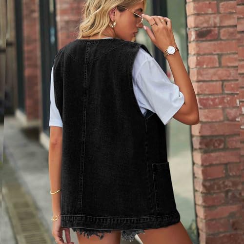 BXCNCKD Women's Oversized Denim Vest Mid Long Jean Vest Sleeveless Jackets Fashion Sleeveless Denim Vest4