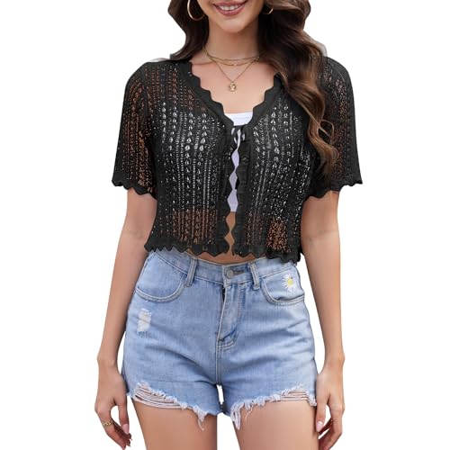 Image of Womens Lightweight Short Sleeve Cardigan Trendy Knit Hollowed-Out Y2k Cropped Tie-Front Shrugs for Dresses Pants Shorts