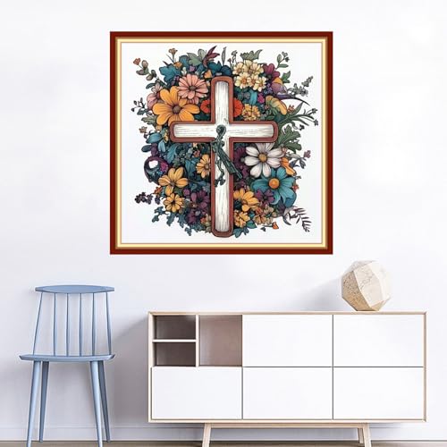 Image of Joyhoor Cross Stitch Kits for Beginners Stamped Cross-Stitch Supplies Needlework preprint Embroidery Kits for Adults DIY Needlepoint Kits Embroidery Patterns 11CT-Cross Flowers 18x18 inchs