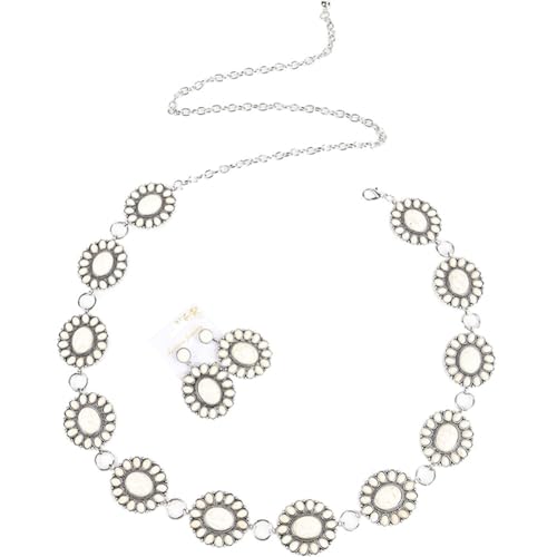 SKINFORD 2 PcsWestern Concho Belt and Earrings Oval Turquoise Chain Belt Boho Metal Waist Chain for Dresses Jeans