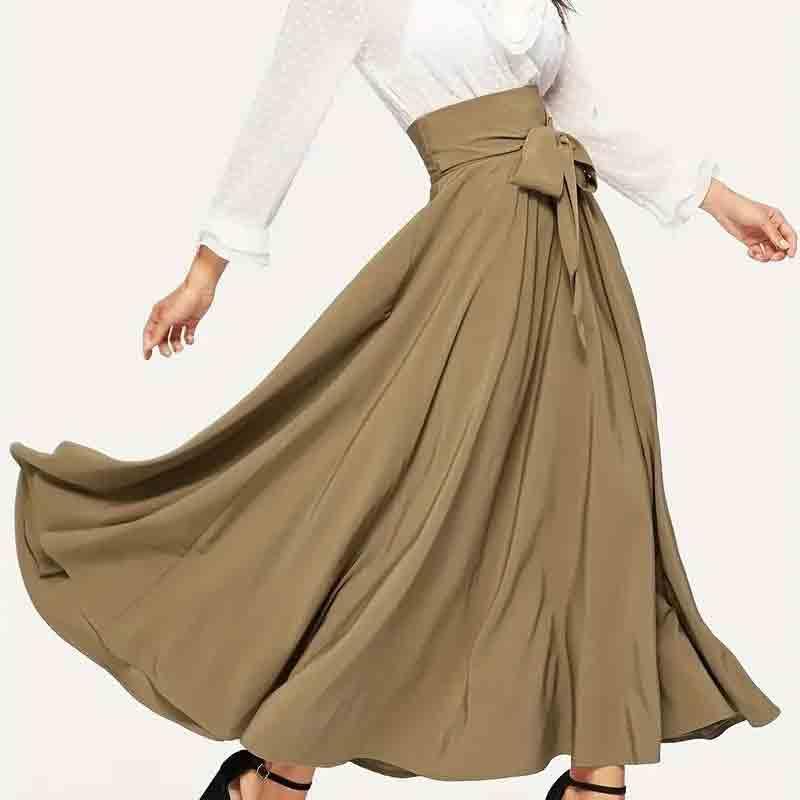 Women's Solid Color Simple Casual Front lace up Skirt, high Waist Slimming A-line Long Skirt2