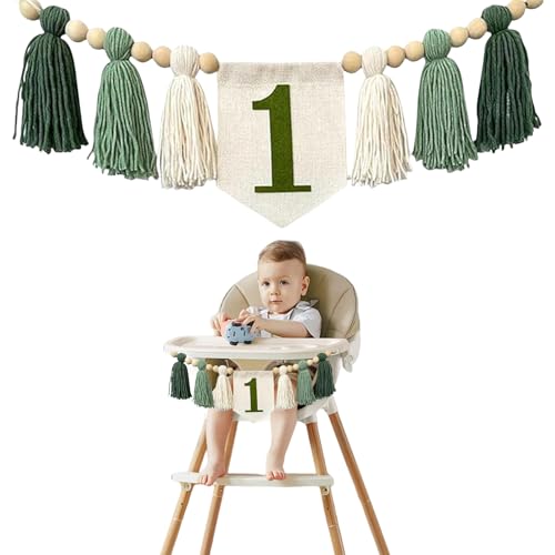 Bandera de trona LUMOOM, 1. Banderín de cumpleaños para trona, decoración de cumpleaños de 1 año, guirnalda vintage de lino para niñas y niños, para baby shower, decoración DIY (verde)