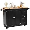 COSTWAY Kitchen Island Cart on Wheels w 2 Door Cabinet 3 Drawers TowelSpice Rack Utility Cabinet wDrop Leaf Rubber Wood Top Adjustable Shelves for Home Kitchen Dinning Room Black