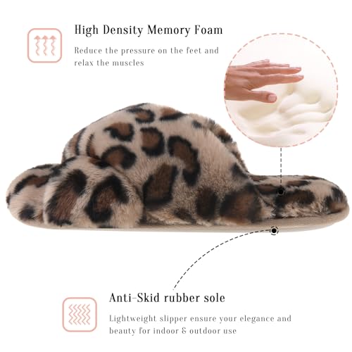 VONMAY Women's Soft Cross Band Slippers Plush Furry Slides Faux Fur Open Toe Comfy Slip On House Shoes4
