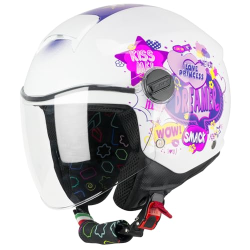 Casco abierto young para paseos en moto urbanos con diseño mini comics fucsia 3