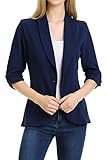 MINEFREE Women's 3/4 Ruched Sleeve Lightweight Work Office Blazer Jacket Navy M