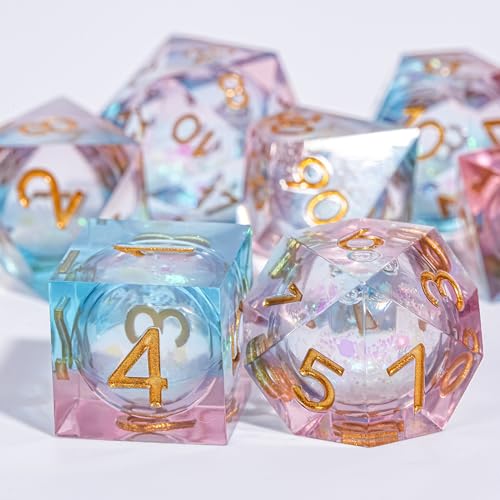 HKDZ Liquid Core - Dados DND em pó azul 7 peças com caixa de presente, dados poliédricos feitos à mão de resina D & D para masmorras e dragões, conjunto de dados para jogos de RPG D20 D12 D10 D8 D6 D4