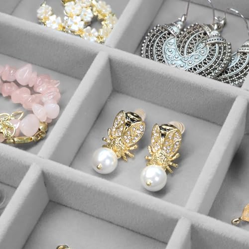 Image of Wudygirl Stackable Jewelry Tray Organizer with Lid Set of 4 Jewelry Organizer Drawer Insert Velvet Earring Necklace Ring Bracelet Organizer for Women Girls(Set of 4,Gray)