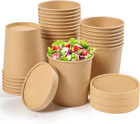 Image of [750 ml, 25 Count, Brown Disposable Kraft Paper Container with Lid | Eco-Friendly Bowl /Tub for Picnic, Travel, Food Truck | Ideal for Both Hot & Cold Food