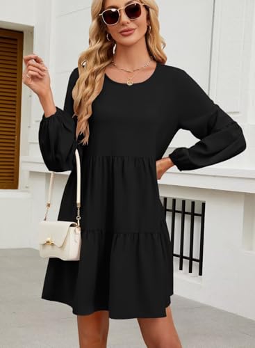 Image of QACOHU Falll Dresses for Women 2026 Crew Neck Long Lantern Sleeve Casual Loose Flowy Swing Shift Dress